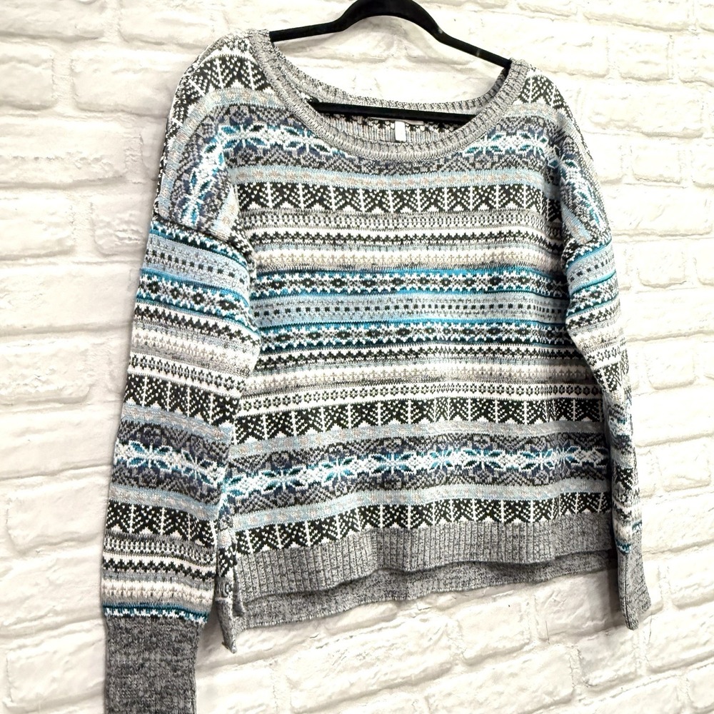 Victoria's Secret L Fair Isle Thick Cotton Knit Sweater Teal Cropped Oversized